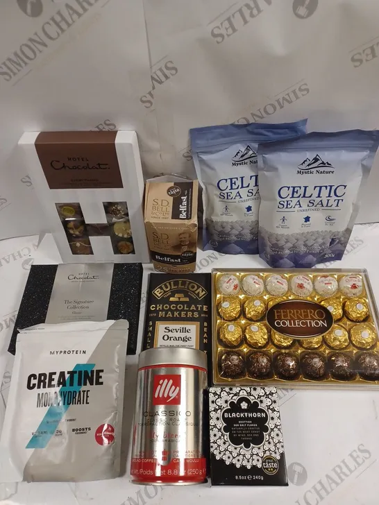 10 X ASSORTED FOOD & DRINK PRODUCTS TO INCLUDE CELTIC SEA SALT, MY PROTEIN CREATINE MONOHYDRATE, BULLION SEVILLE ORANGE CHOCOLATE ETC 