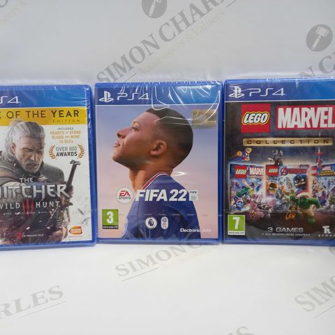LOT OF 3 SEALED PS4 GAMES, TO INCLUDE LEGO MARVEL, FIFA 22 & THE WITCHER III