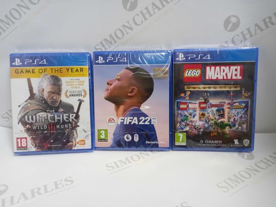 LOT OF 3 SEALED PS4 GAMES, TO INCLUDE LEGO MARVEL, FIFA 22 & THE WITCHER III