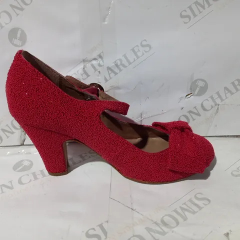 BOXED PAIR OF RED OR DEAD HEELS IN RED WITH GLITTER EFFECT UK SIZE 5