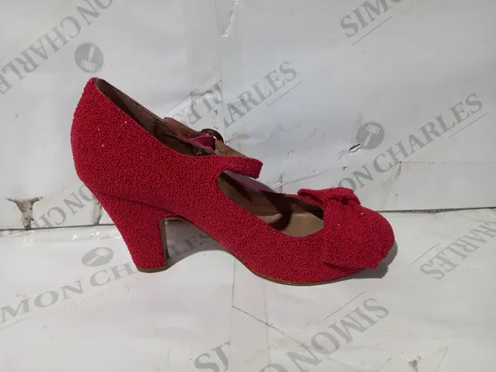 BOXED PAIR OF RED OR DEAD HEELS IN RED WITH GLITTER EFFECT UK SIZE 5