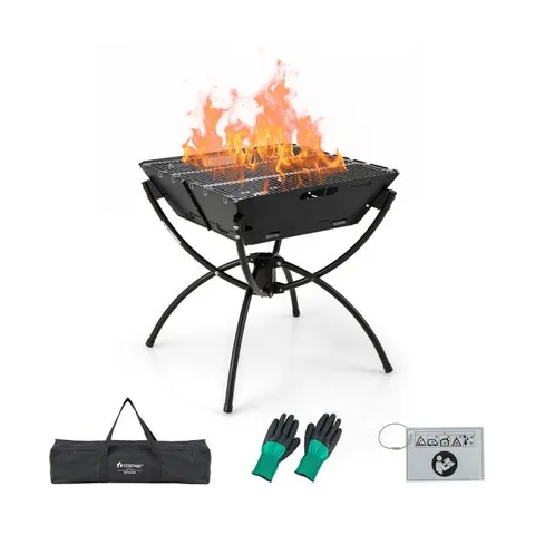 BOXED COSTWAY CAMPING FIRE PIT COOKING GRILLS WITH CARRYING BAG AND GLOVES - BLACK