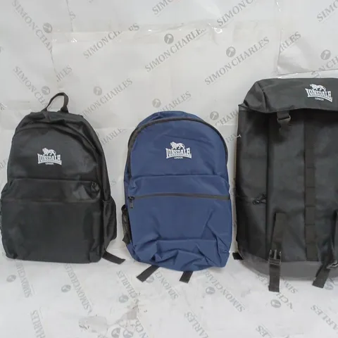 3 LONSDALE BACK PACKS IN BLACK AND BLUE 