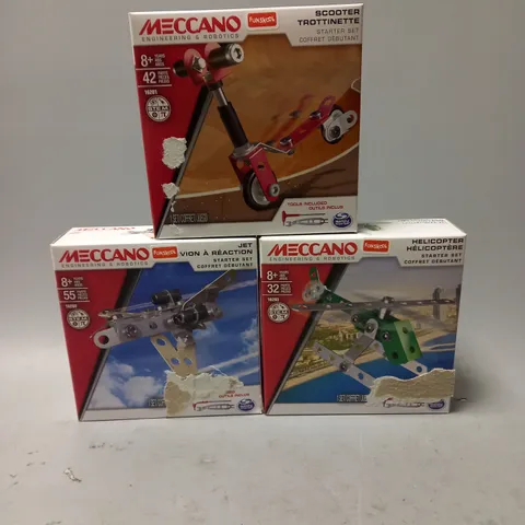 BOXED SET OF 3 MECCANO STARTER KITS INCLUDING JET, SCOOTER AND HELICOPTER