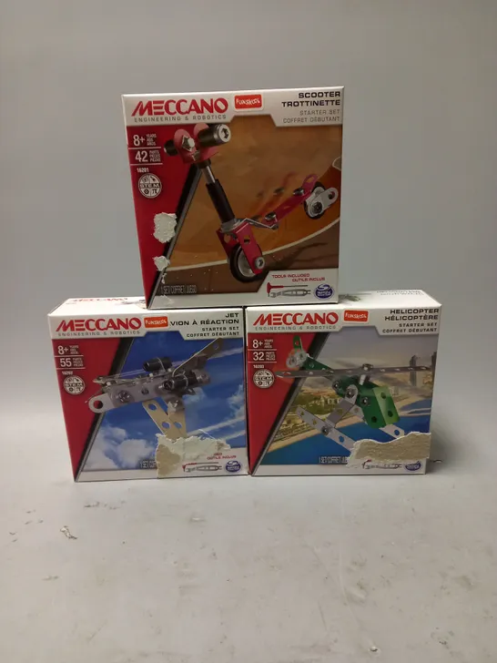 BOXED SET OF 3 MECCANO STARTER KITS INCLUDING JET, SCOOTER AND HELICOPTER