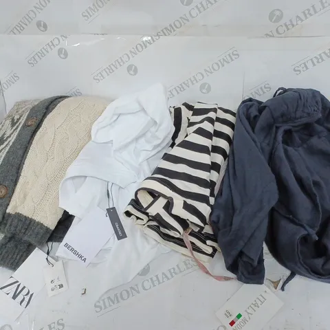  BOX OF ASSORTED CLOTHING ITEMS TOO INCLUDE DRESSES , SHIRTS AND TROUSERS IN VARIOUS SIZES AND COLOURS   