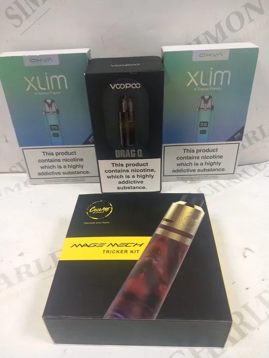 4 ASSORTED VAPING PRODUCTS TO INCLUDE; OXVA XLIM X TREME FLAVOR, VOOPOO DRAG Q AND COILART BY COILTECH MAGE MECH TRACKER KIT