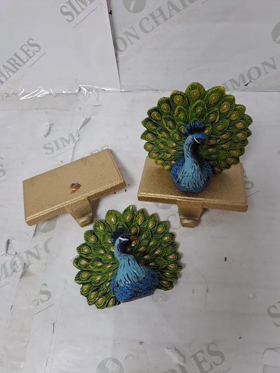 ALISON CORK SET OF 2 ANIMAL STOCKING HOLDERS PEACOCK