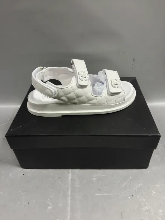 BOXED PAIR OF CHANEL TWIN STRAP SANDALS IN WHITE - 6