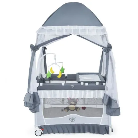 BOXED COSTWAY 4 IN 1 CONVERTIBLE BABY BED WITH DETACHABLE CANOPY AND CHANGING TABLE - GREY