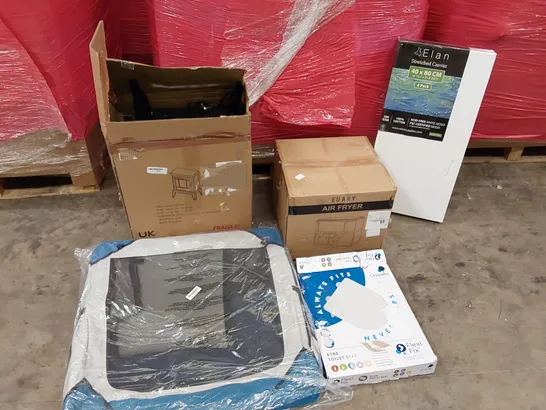 PALLET OF ASSORTED ITEMS INCLUDING: ELECTRIC FIREPLACE, AIR FRYER, PET CRATE, 40 X 80CM 6PCS STRETCHED CANVAS, TOILET SEAT 