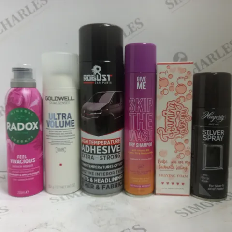 BOX OF APPROX 15 ASSORTED AEROSOLS TO INCLUDE GOLDWELL DRY SHAMPOO, GIVE ME DRY SHAMPOO, HAGERTY SILVER SPRAY, ETC 