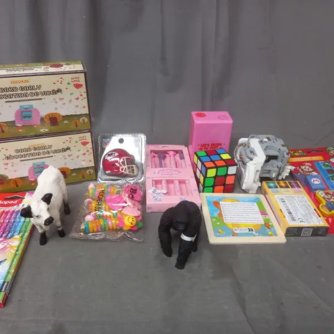 BOX OF ASSORTED TOYS AND GAMES TO INCLUDE PENCIL CRAYONS, RUBIKS CUBE AND CARD GAMES