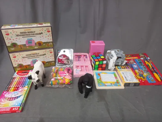 BOX OF ASSORTED TOYS AND GAMES TO INCLUDE PENCIL CRAYONS, RUBIKS CUBE AND CARD GAMES