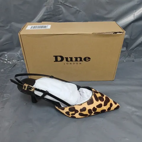 BOXED PAIR OF DUNE LONDON LEOPARD PRINT PONY CLEAN SLINGBACK COURT HEELS SIZE 6