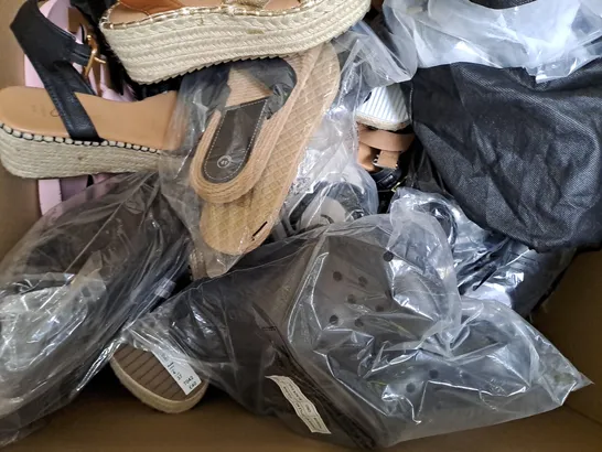 BOX OF APPROXIMATELY 15 ASSORTED PAIRS OF SHOES AND FOOTWEAR ITEMS IN VARIOUS COLOURS, STYLES, AND SIZES