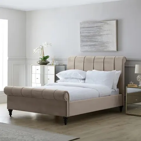 BOXED 4'6 CLASSIC PLEATED TAUPE BEDSTEAD , COMPLETE 3 BOXES  