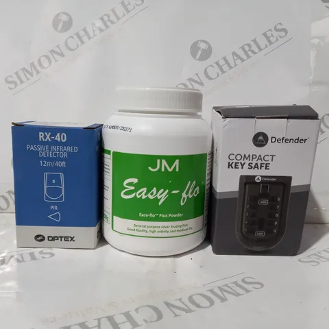 APPROXIMATELY 10 ASSORTED HOUSEHOLD ITEMS TO INCLUDE COMPACT KEY SAFE, EASY-FLO FLUX POWDER, PASSIVE INFRARED DETECTOR, ETC