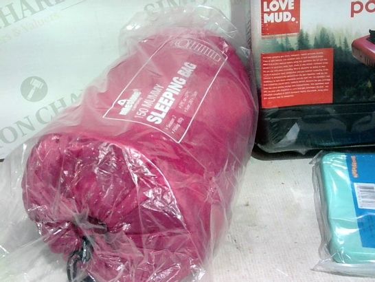 LOT OF 3 ASSORTED ITEMS TO INCLUDE: LOVE MUD PORTABLE STOVE, PINK MUMMY SLEEPING BAG SEASON 2 COOL POD (COOLS YOUR PETS DOWN)