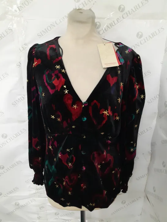 MONSOON V-NECK HEART THEMED BUTTON FRONT SHIRT - UK 14