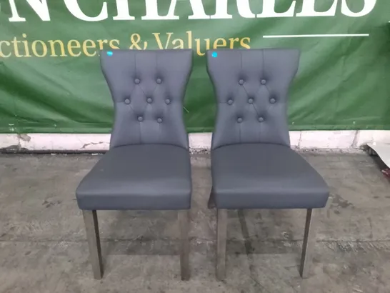 SET OF 2 NEW BEWLEY GREY LEATHER BUTTON BACK DINING CHAIR (DARK OAK LEG)