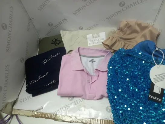 BOX OF CLOTHES TO INCLUDE CROSSMATCH SWIMMING SHORTS , BOOHOO SEQUIN DRESS , ETC