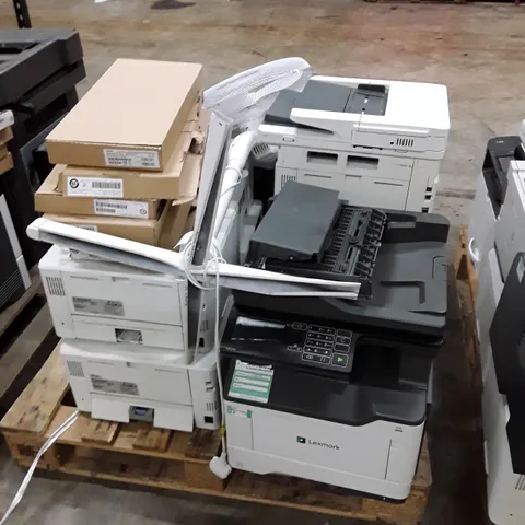 PALLET OF ASSORTED OFFICE EQUIPMENT INCLUDING PRINTERS, KEYBOARDS & PEDESTAL FAN