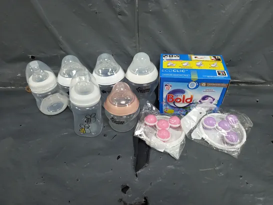 BOX OF ASSORTED HOUSEHOLD ITEMS TO INCLUDE TOMMEE TIPPEE BOTTLES AND WASHING TABLETS