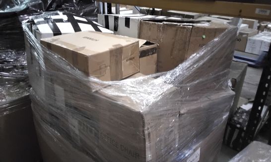 PALLET OF ASSORTED ITEMS INCLUDING BOXED OFFICE CHAIRS, ALANA GREY LINEN BAR STOOL, BOXED CUSHIONED BAR STOOL