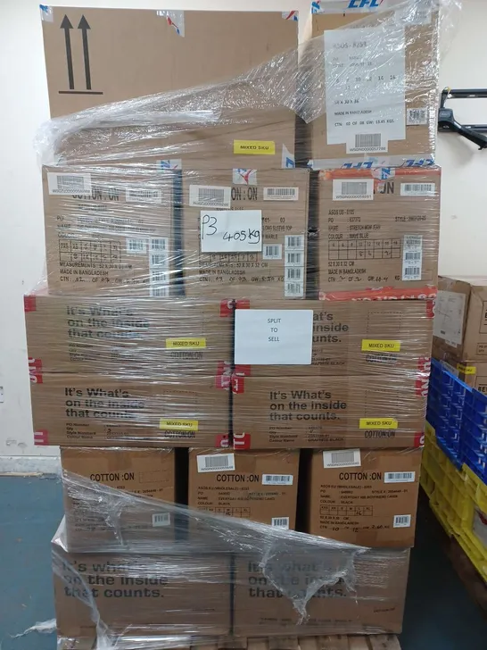 PALLET OF APPROX 40 BOXES OF ASSORTED BRAND NEW CLOTHING ITEMS IN VARIOUS SIZES & COLOURS TO INCLUDE - JEANS , T-SHIRT , CARDIGAN ETC