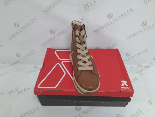 BOXED PAIR OF RIEKER HIGH TOP TRAINERS IN TAN SIZE 5