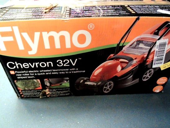 FLYMO CHEVRON 32V ELECTRIC WHEELED LAWNMOWER WITH REAR ROLLER FOR EASY STRIPED LAWN