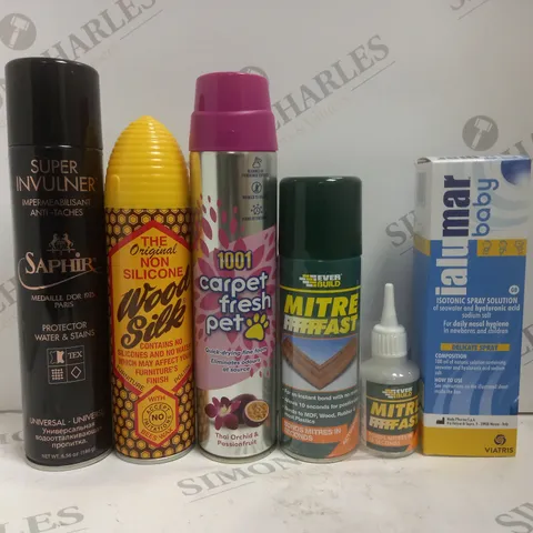 BOX OF APPROX 15 ASSORTED AEROSOLS TO INCLUDE WOOD SILK SPRAY, 1001 CARPET PET FRESH SPRAY, ISOTONIC SPRAY SOLUTION, ETC 