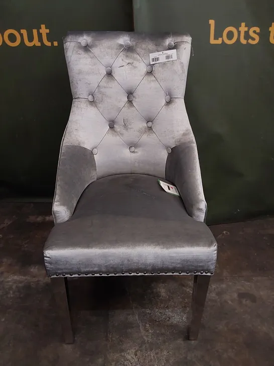 LIGHT SILVER VELVET BUTTON BACK DINING CHAIR