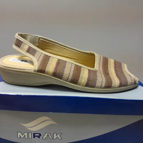 BOXED MIRAK CLASSIC OPEN TOE SLIP ON SANDLES IN BROWN SIZE 41