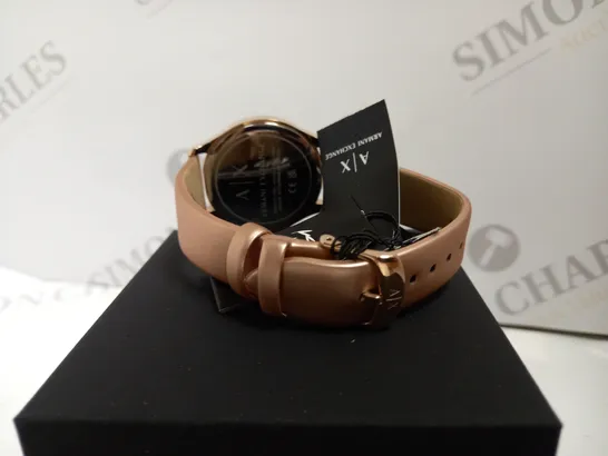 BOXED ARMANI EXCHANGE THREE HAND ROSE GOLD LEATHER STRAP WOMANS WATCH