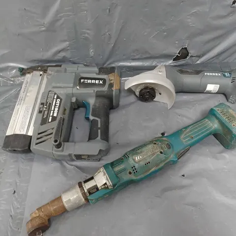 3 UNBOXED USED TOOLS TO INCLUDE FERREX ANGLE GRINDER, FERREX CORDLESS NAIL GUN, AND MAKITA DFL302F