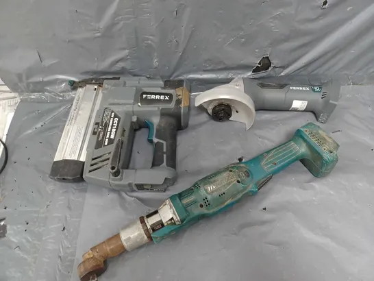 3 UNBOXED USED TOOLS TO INCLUDE FERREX ANGLE GRINDER, FERREX CORDLESS NAIL GUN, AND MAKITA DFL302F