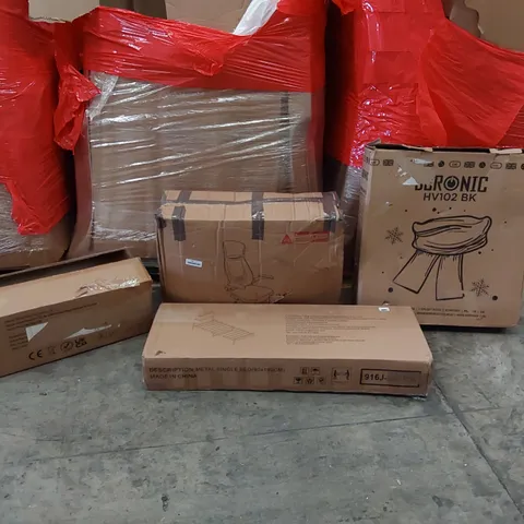 PALLET OF ASSORTED ITEMS INCLUDING: OFFICE CHAIR, METAL SINGLE BED FRAME, DURONIC HEATER, HEAT LAMP