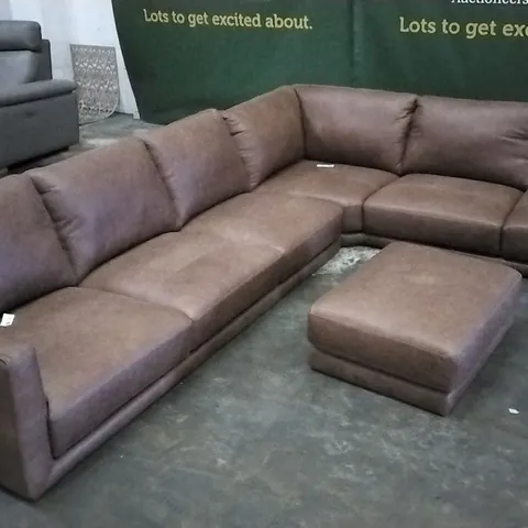 QUALITY ITALIAN DESIGNER RUSTIC BROWN LEATHER CORNER GROUP SOFA WITH FOOTSTOOL