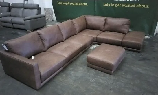 QUALITY ITALIAN DESIGNER RUSTIC BROWN LEATHER CORNER GROUP SOFA WITH FOOTSTOOL