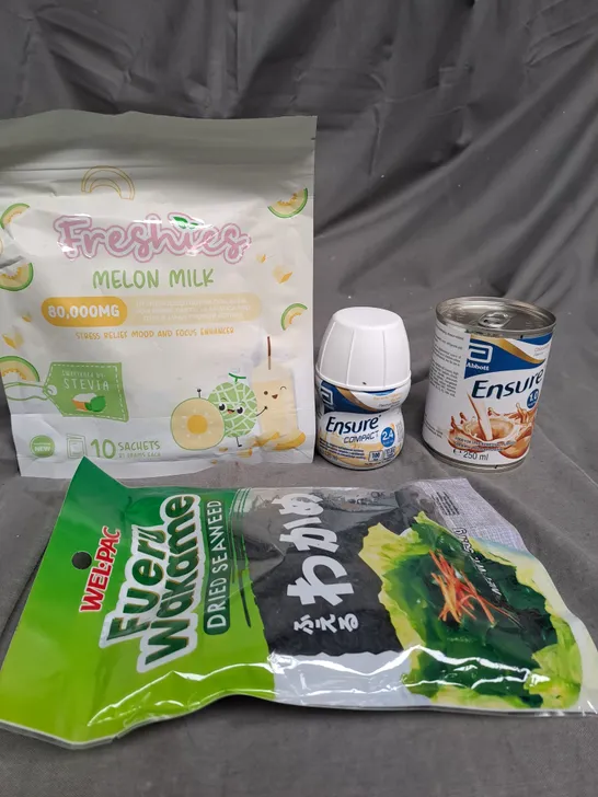 BOX OF APPROXIMATELY 20 ITEMS T INCLUDE MELO MILK, ENSURE, SEA WEED ETC