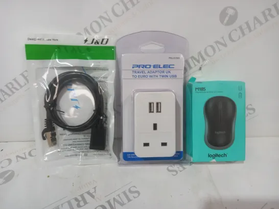 APPROXIMATELY 10 ASSORTED HOUSEHOLD ITEMS TO INCLUDE LOGITECH M185 MOUSE, TRAVEL ADAPTER WITH TWIN USB, ETC