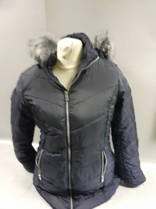 CENTIGRADE ZIPPED COAT WITH FAUX FUR HOOD IN NAVY SIZE S