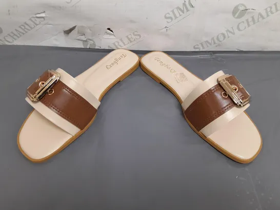 BOXED PAIR OF TENGBOXY OPEN TOE FLAT SLIDES IN BEIGE/BROWN EU SIZE 39