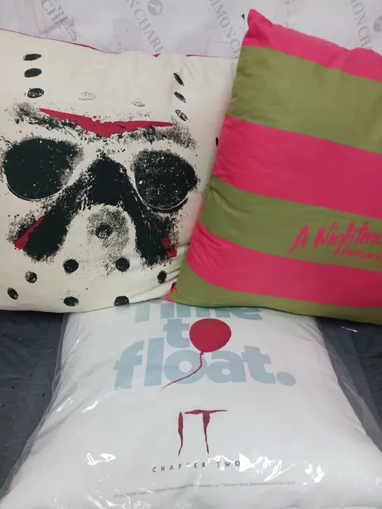 3 HORROR FILM THEMED CUSHIONS TO INCLUDE FRIDAY THE 13TH, IT, NIGHTMARE ON ELM STREET, ETC