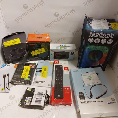 BOX OF ASSORTED ELECTRICAL ITEMS TO INCLUDE REMOTE CONTROLS, CHARGING PADS AND SPEAKERS