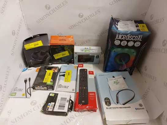 BOX OF ASSORTED ELECTRICAL ITEMS TO INCLUDE REMOTE CONTROLS, CHARGING PADS AND SPEAKERS