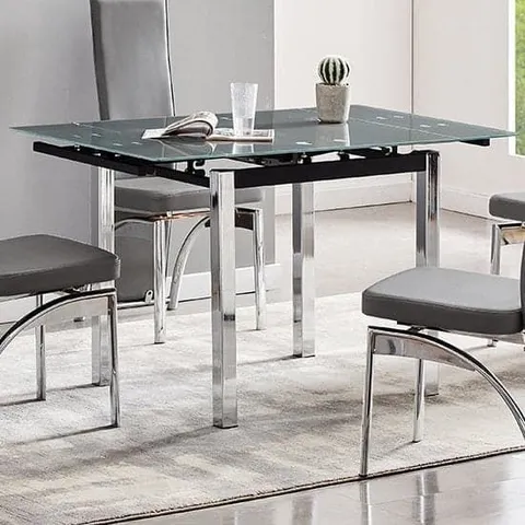 BOXED PARIS EXTENDING GREY GLASS DINING TABLE WITH CHROME LEGS (1 BOX)