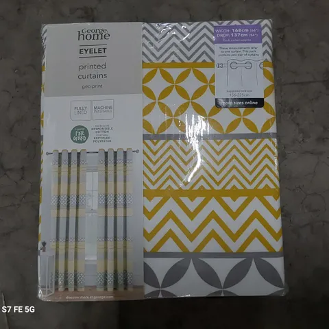 BOX OF EIGHT PAIRS OF BRAND NEW EYELET PRINTED CURTAINS )each curtain W 168 D 137cm)